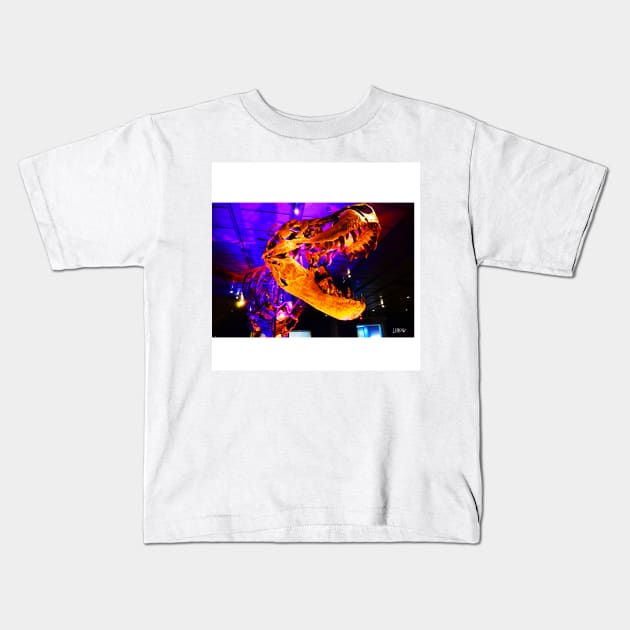 golden dinosaur tyrannosaurus rex in museum photography fossil Kids T-Shirt by jorge_lebeau